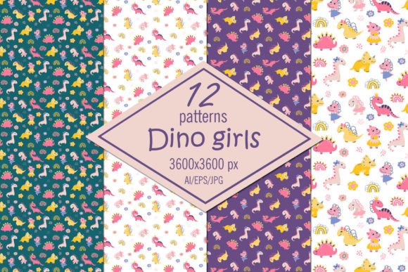Dino Girls Digital Paper Seamless Pattern Collection